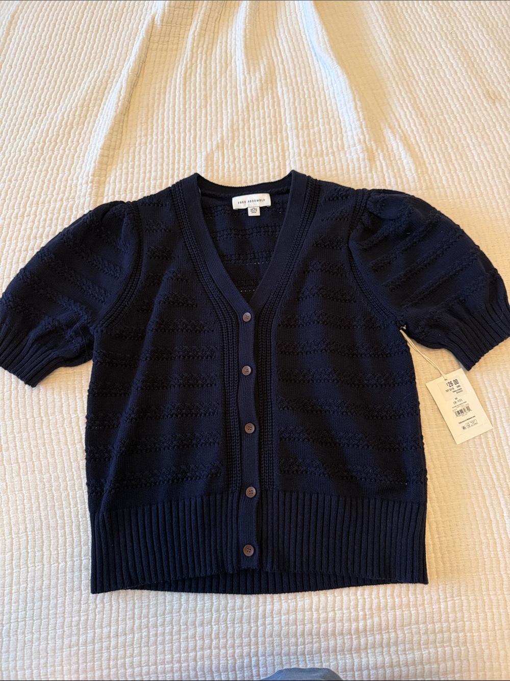 Short-Sleeve Navy Pointelle V-Neck Cardigan